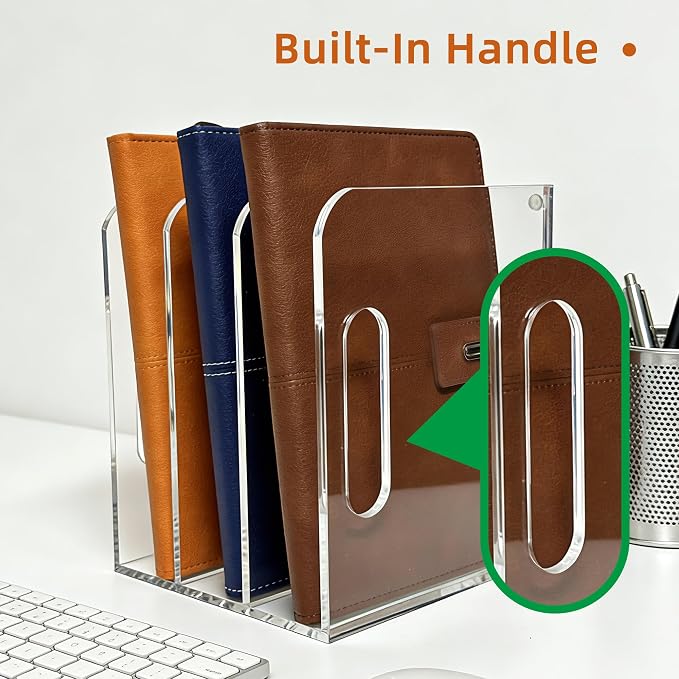Clear Acrylic Magazine File Holder, 3 Compartment Desk Organizer | 3 spacious vertical compartments hold magazines, files, books & more. Clear acrylic, non-slip base. No assembly, portable.