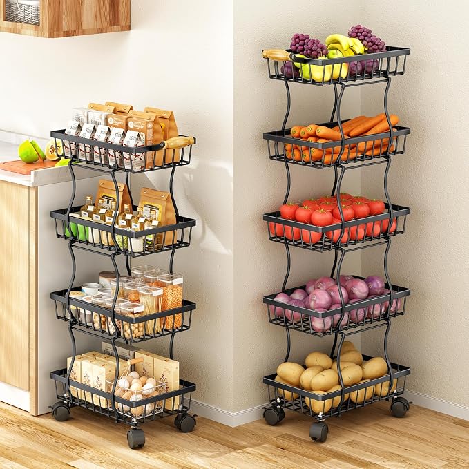 SAYZH Fruit Basket Kitchen Pantry Organizers and Storage - 5 Tier Stackable Metal Wire Basket Stand for Fruit Vegetable Snacks Jars Bins Containers Organization, (Black, 5 Tiers)