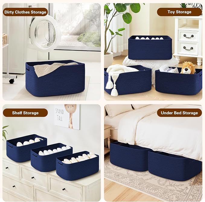 2 Pack Large Storage Basket for Organizing, 17.5"x13"x7" Woven Basket for Shelves, Closet Cube Storage Bins with Wrapped Handle, Cotton Rope Baskets for Kitchen, Clothes, Toys(Navy Blue)