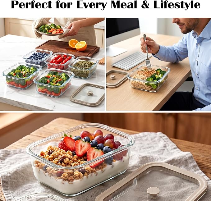 4 Pack Glass Meal Prep Containers with Glass Lids, Plastic-Free Glass Food Storage Containers, Multi-Size Glass Food Prep Containers for Lunch, Leftovers, Microwave, Freezer (12, 21, 35, 50 oz)