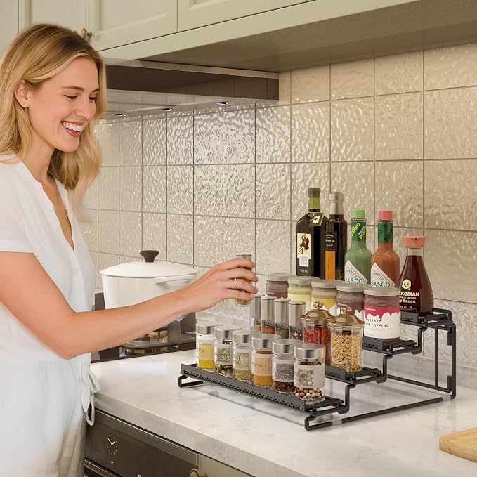2 Pack Spice Rack Organizer for Cabinet, 4 Tier Black Seasoning Organizer Rack for Inside Cabinets, Countertop, Pantry Storage