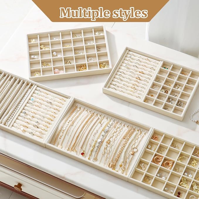 Large Jewelry Organizer for Drawer Insert Velvet Stackable Jewelry Trays for Earring Necklace Bracelet Ring Display (Beige, 35 Grids)