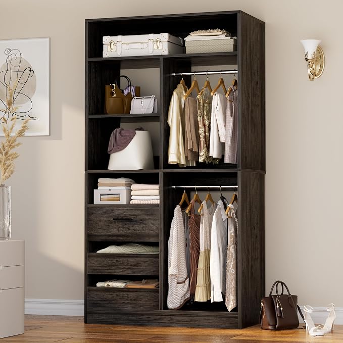 Besiost 36 Inches Modular Closet Drawers System, 3FT Wood Closet Organiser with Closed & Half-Open Drawers, Walk-in Freestanding Wardrobe Storage Cabinet with 6 Shelves, Oak (36" L x 15" W x 80" H)