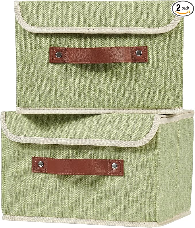2PCS Storage Boxes with Lid Cotton Linen Fabric Storage Bins Organizer Container Decorative Collapsible Washable Shelf Closet Baskets Faux Leather Handles Home Bedroom (Green, Small Size)