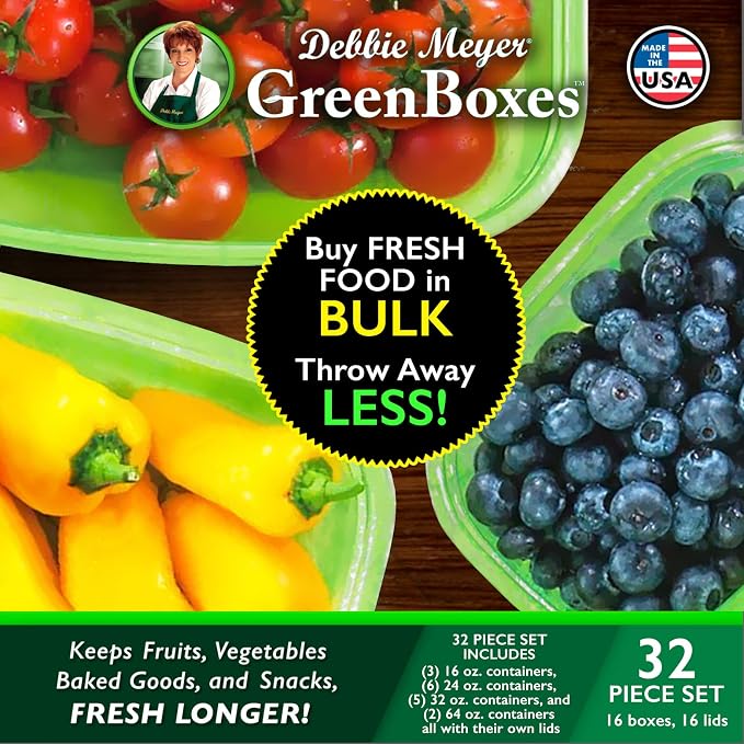 Debbie Meyer UltraLite GreenBox, Reusable Food Storage Containers with Lids | 32 Piece Set, BPA-Free Airtight Storage, FoodFresh Technology, Keeps Produce and Baked Goods Fresh Longer, Made in the USA