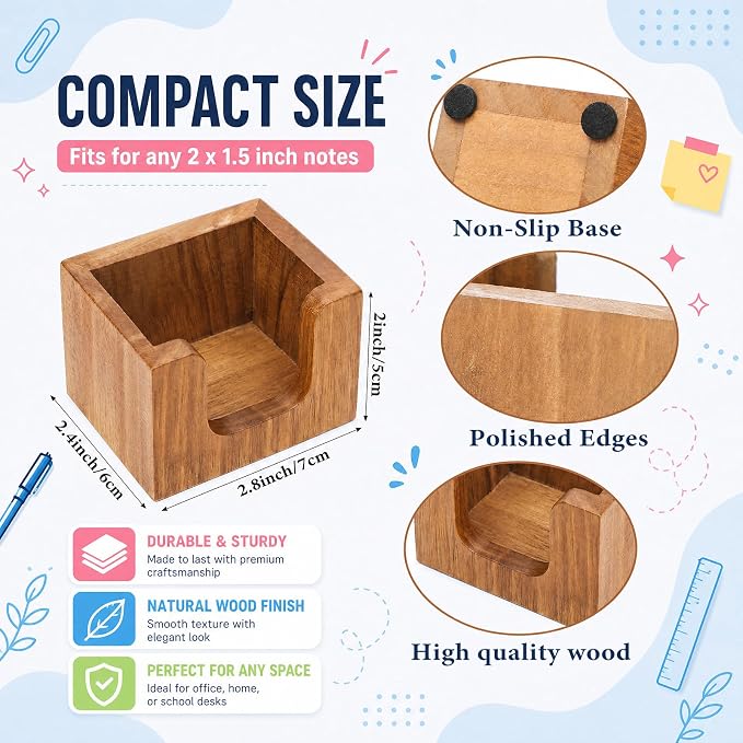 Eaasty Wood Sticky Note Holder Sets 1.5 x 2 Inch Sticky Note Dispenser with 8 Pads 100 Sheets Small Stick Notes Self Memo Pad Dispenser for School Office Home Desk Organizer Supplies