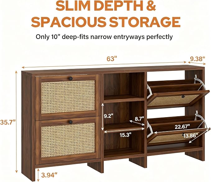 knoworld 63" Wood Rattan Shoe Storage Cabinet for Entryway, Walnut | Slim Hidden Shoe Cabinet, Narrow Shoe Organizer Cabinet with 4 Flip Drawers, 3-Tier Shelves for Hallway Foye Entrance