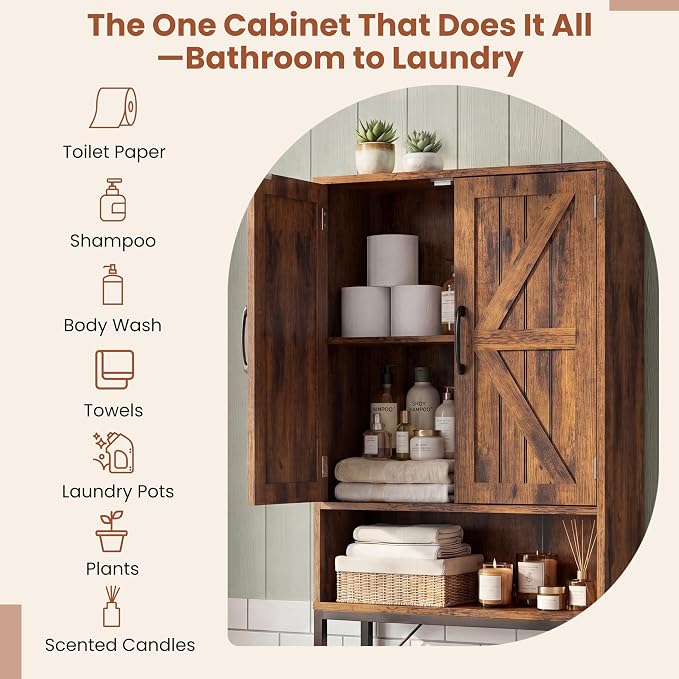 23.6" Over The Toilet Storage Cabinet with Barn Door,Bathroom Organizers and Storage with Adjustable Shelves, Farmhouse Over Toilet Organizer for Bathroom,Restroom,Laundry,Brown