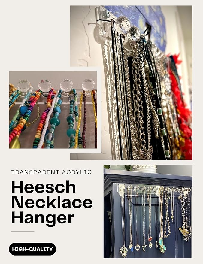Heesch Necklace Hanger, Wall Necklace Holder, Acrylic Jewelry Organizer | Wall Mount Jewelry Hooks for Necklaces, Bracelets & Chains, Hanging Organizer and Storage, 4-Pack Clear Short