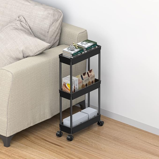 Sooyee 3-Tier Rolling Cart with Wheels, Slim Narrow Storage Cabinet, Under Desk Storage Organizer for Office, Bathroom, Kitchen, Laundry Room, Narrow Places, Black