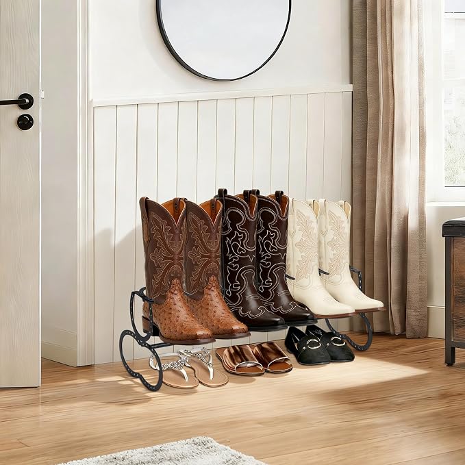 Cowboy Boot Rack 3 Pairs Horseshoe Boot Rack Cowboy Boots Storage Organizer Rustic Horseshoe Gifts Farmhouse Decor for Western Style Lovers Entryway Accessories (One Level)
