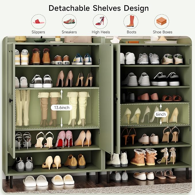 ONBRILL Shoe Cabinet with Cross Molding Doors, 6-Tier Shoe Storage Cabinet with 3 Adjustable Shelves and Metal Legs, 45'' Tall Shoes Rack Organizer Cabinet for Entryway, Front Door, Green