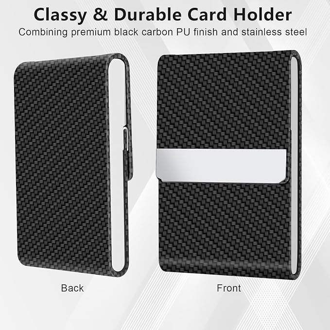 Black Carbon Business Card Holder with Magnetic Closure, Slim Metal PU Business Card Case for Men Women, 3.7 x 2.3 inches RFID Blocking Credit Cards Holder for Pocket or Bag Storage