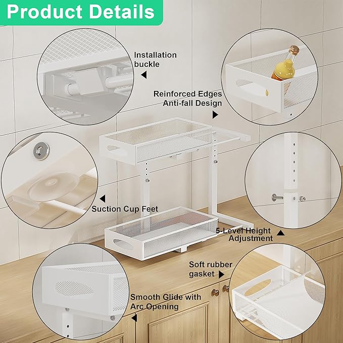 1 Pack Under Sink Organizer and Storage, 2 Tier Pull Out Sliding Cabinet Shelf, 5-Level Height Adjustable Thickened Carbon Steel Storage Rack for Kitchen Bathroom Cabinet, White