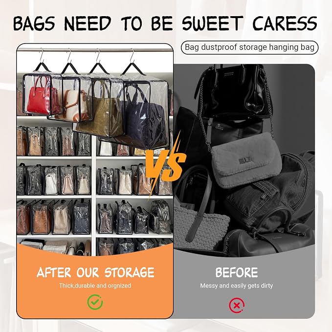 Hsei 5 Clear Dust Bags For Handbags 5-Sizes Fits Mini Wallets Oversized Tote Bags PVC Waterproof Purse Storage Organizers for Luxury Bag Soft Stand-Up with Zipper Handle for Closet Hanging