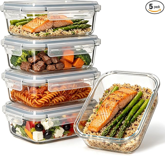 5-Pack 35 oz Borosilicate Glass Food Storage Containers with Lids, Stackable Airtight Glass Meal Prep Containers for Lunch & Leftover, BPA-Free & Leak Proof, for Microwave, Oven, Dishwasher