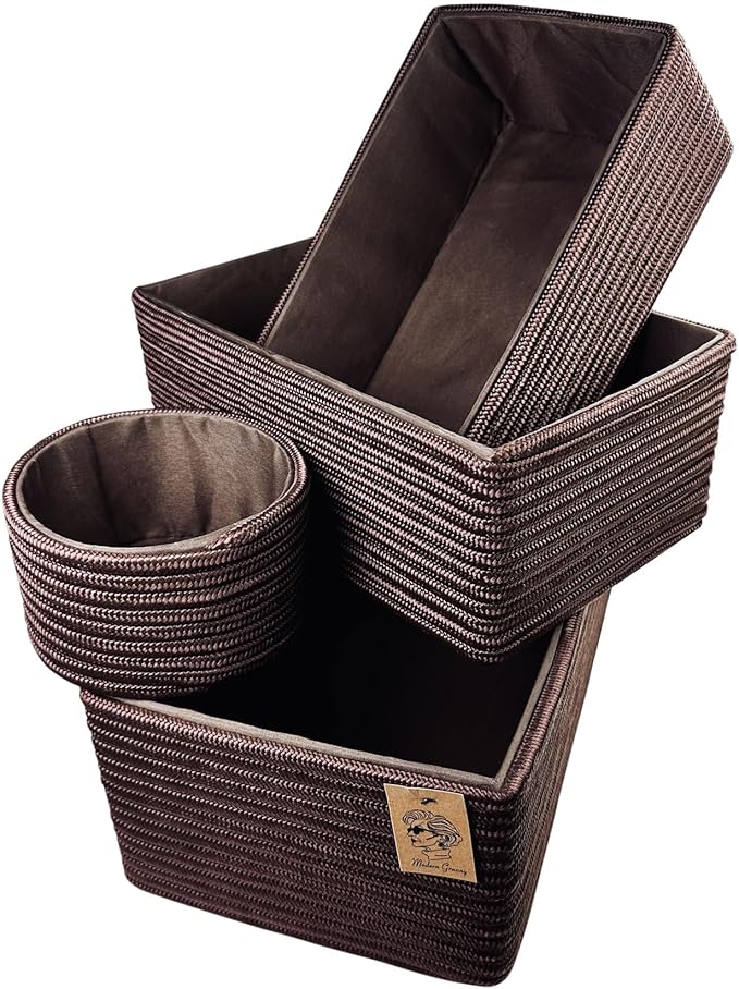 Modern Granny Boho Stackable Storage Boxes Set of 4, Lined Decorative Organizers for Home small basket, baskets for organizing Office, Vanity, Shelf | Granny Chic Style