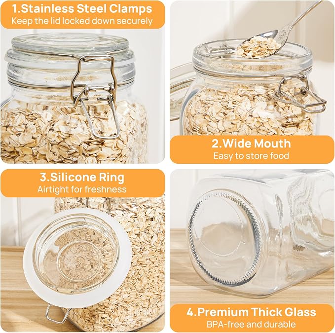CHEFSTORY 50oz Glass Food Storage Jars with Airtight Clamp Lids, 3 Pack | Food Storage Canister for Kitchen, Pantry Organization, Square Mason Jars for Storing Sugar, Flour, Cereal,Coffee,Cookies