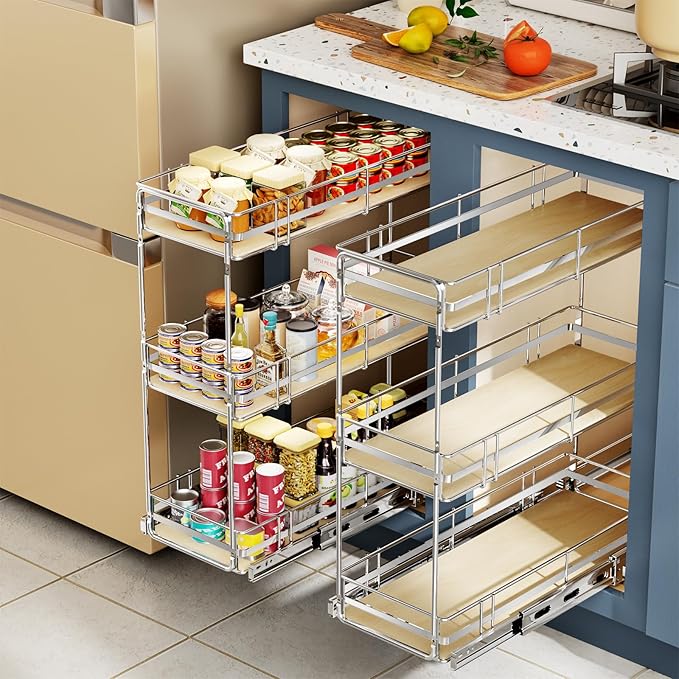 ROOMTEC 3-Tier Pull Out Cabinet Organizer Spice Rack for Narrow Cabinet 5" W x 20½" D, Slide Out Wood Shelves Storage for Kitchen