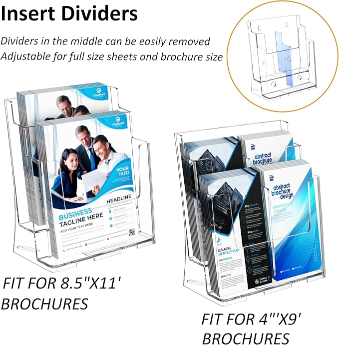 FUCDTEFC 2 Pack Acrylic Brochure Holder 8.5x11 & 4 x9 Inches, Clear 2 Tier Literature Magazine Stand Brochure Display Stand w Removable Divider Universal, Flyer Holder for Wall Mount or Countertop