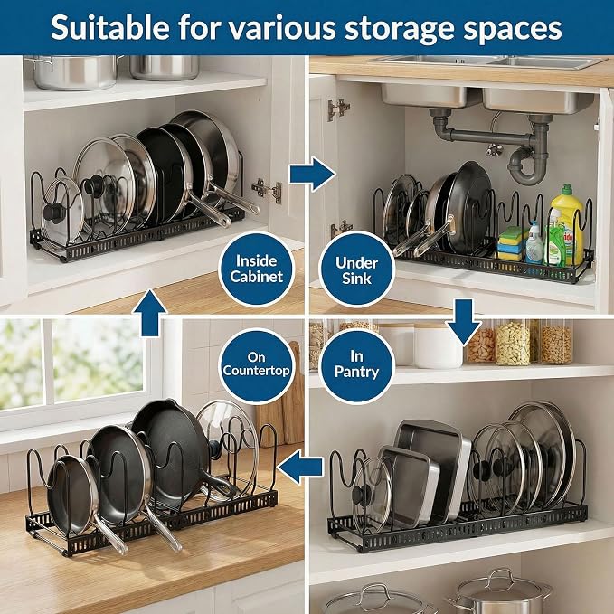 Expandable Pots and Pans Organizer for Cabinet – Heavy Duty Carbon Steel Pot & Pan Rack with 10 Adjustable Dividers, Wave Slot Cookware Holder for Pans, Lids, Bakeware, Countertop or Under Sink, Black