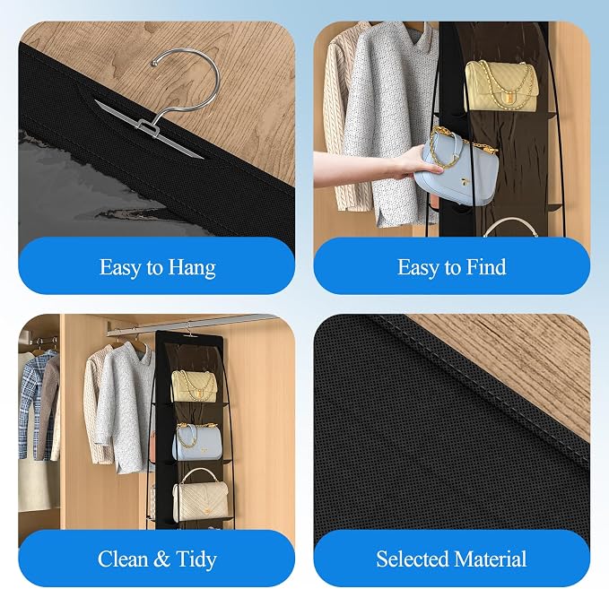 2 Packs 8 Pockets Black Handbag Hanging Purse Organizer for Closet, Purse Storage, Purse Hanger and Handbag Organizer for Space Saving