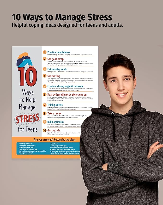 ZOCO – 10 Ways to Manage Stress – SEL & Mindfulness Poster for Teens (10-Pack) Laminated 17x22 – School Counselor & Therapy Office Decor