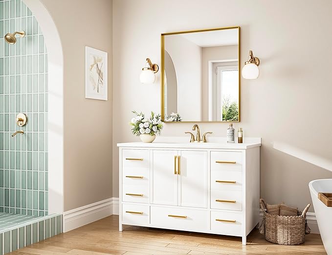 Keonjinn 30 x 36 in Brushed Gold Bathroom Mirror for Over Sink Metal Framed Rectangular Wall Mirror Shiny Gold Mirror for Vanity Aluminum Alloy Brass Gold Rectangle Mirror (Horizontal/Vertical)