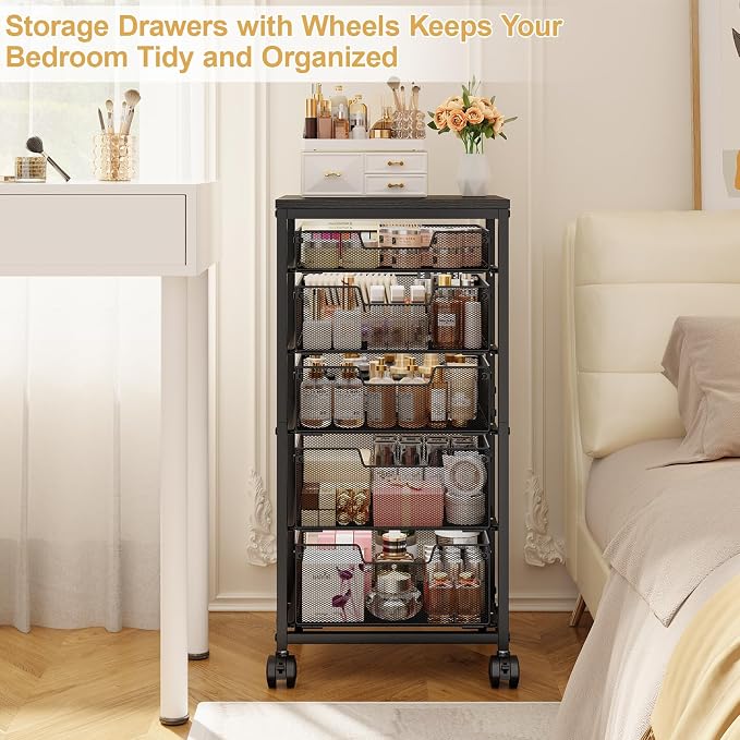 Sbanmao 5 Drawers Rolling Utility Cart, Rolling Storage Cart with Wooden Tabletop and Lockable Wheels, Storage Drawer Cart with Drawers, Craft Cart for Bedroom, Classroom, Home, Office,Black