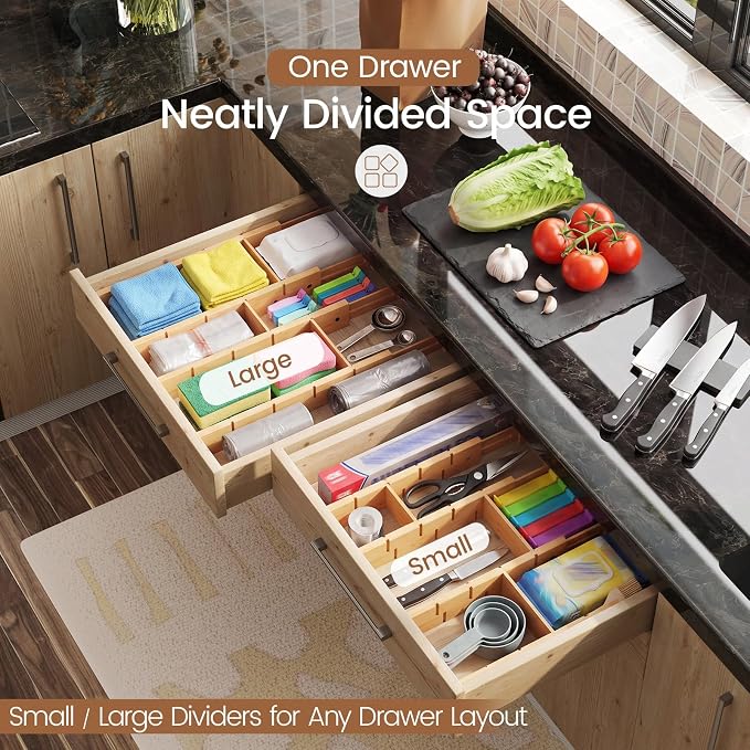 Bamboo Drawer Dividers 4 Pack with Inserts, Kitchen Adjustable Drawer Organizers for Home, Bedroom, Dresser, Expandable Organization 4 Dividers with 8 Inserts