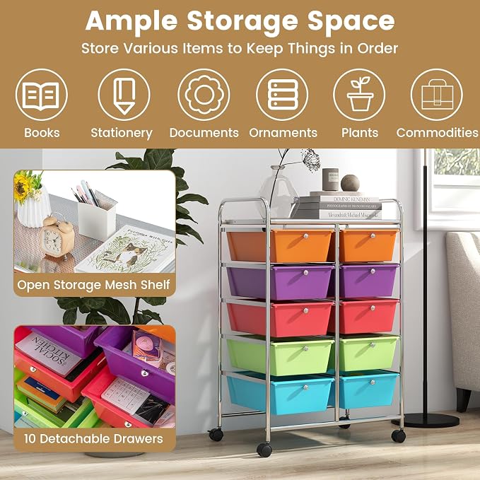 HAPPYGRILL 10-Drawer Rolling Storage Cart, Storage Organizer Cart with Lockable Wheels, Beauty Salon Movable Utility Cart for School, Office, Home, (Colorful)