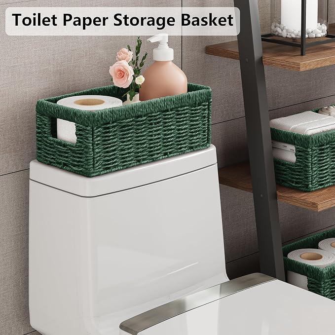 Vagusicc Wicker Storage Basket, Set of 2 Hand Woven Wicker Baskets for Organizing with Handles, Decorative Small Storage Bins for Countertop Toilet Paper Basket for Toilet Tank Top Shelves, Green