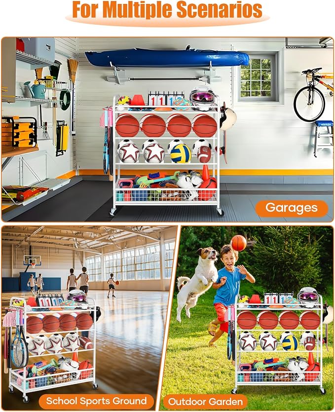 EXTCCT Garage Sports Equipment Organizer - Rolling Ball Storage Bin with Wheels, Garage Sports Gear Rack Outdoor Basketball Racks for Balls with Baseball Bat Holder and Hooks, Toy Organizer(White)