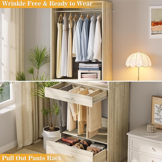 Homieasy Closet System Organizer with Hanging area, Pants Rack & Drawer – Expandable & Sturdy Modular Closet Storage Unit, Customizable Wardrobe Organizer for Bedroom or Walk-In Closet, White Oak