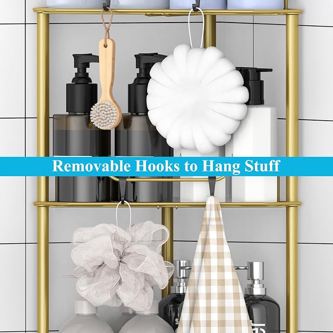 HuggieGems 4 Tier Floor Standing Corner Shower Caddy Organizer Shelf with Hooks, Bathroom Shelves Stand Rack, Gold