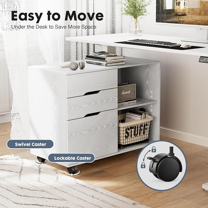 DUMOS File Cabinet with 3 Drawers, Wood Under Desk Storage Printer Stand | Rolling Lateral Filing Cabinet with Adjustable Shelves for Home Office Study Organizatiom, Classic White