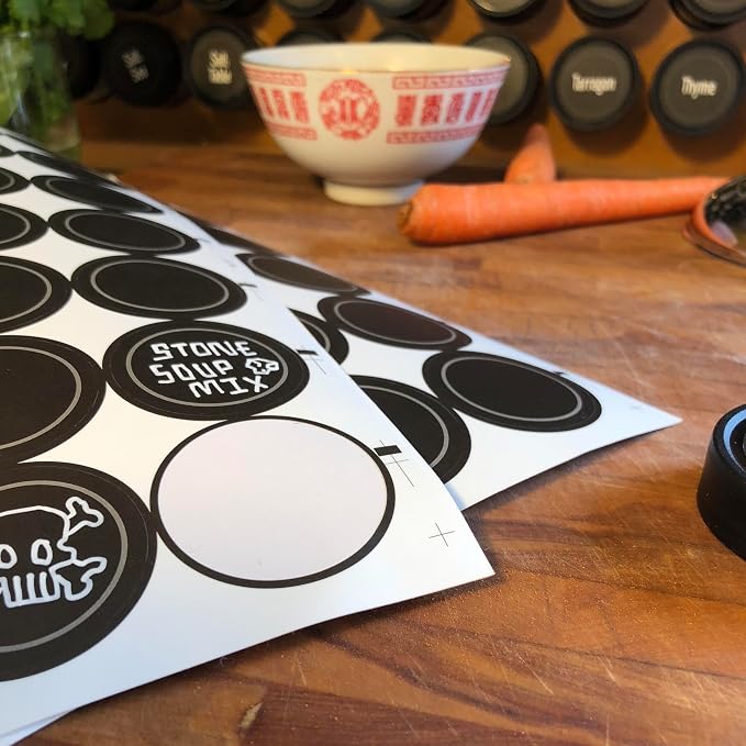 AllSpice 70 Black Water Resistant Round Spice Jar Labels Set 1.5"- Fits Penzeys and AllSpice Jars- Blank