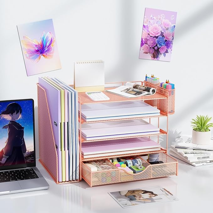 gianotter 5-Tier Desk Organizer with Drawers, File Holders, Letter Trays and Pen Holders - Workspace Accessories for Office Supplies (Rose Gold)
