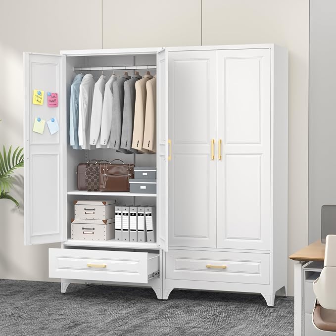 Polup Metal Wardrobe Closet with Doors and Shelves, 71" Tall Steel Armoire with Hanging Rod & Storage Drawer, Sturdy Freestanding Clothes Organizer for Bedroom, Office, Laundry Room, White