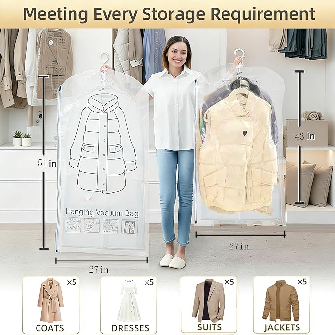 hanging vacuum storage bags for coats, 27x43 in 4PCS,Clothing protection, dustproof and anti-aging protection to prevent wrinkles for Clothes, Suits, Coats