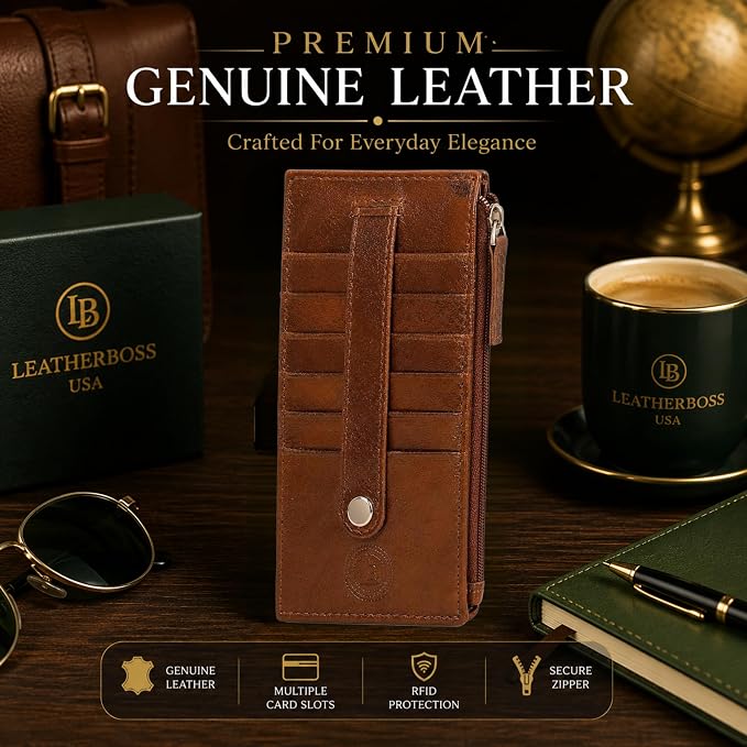 Leatherboss Genuine Leather Women's All in One Credit Business Card Case Holder Slim Zipper Wallet With a Card Protection Strap, Metallic Bronze