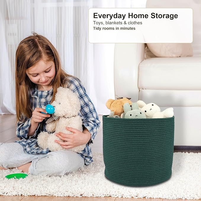 XUANGUO Cotton Rope Woven Basket, 16x14 in Kids Laundry Basket, dark green | Round blanket basket and small laundry basket; baby hamper or nursery storage bin for girls, boys, toys, clothes and shoes