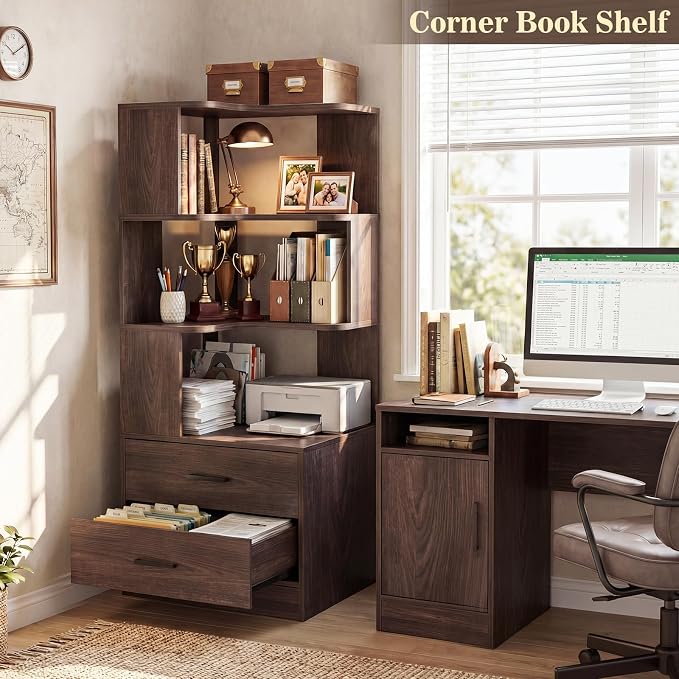Armocity Corner Bookshelf with Drawers, 6 Tier Corner Book Shelf Display Bookcase, Freestanding L Shaped Bookshelf for Bedroom, Living Room, Home Office, Black Walnut