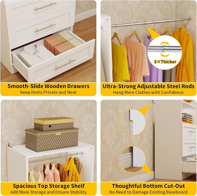 Closet System with 6 Drawers, 4FT-10FT Closet Organizer System, Closet Systems for Walk in Closets with 4 Hanging Rods & 2 Shelves, Modular Custom Closet Organizer Storage System, 2 Sets, White