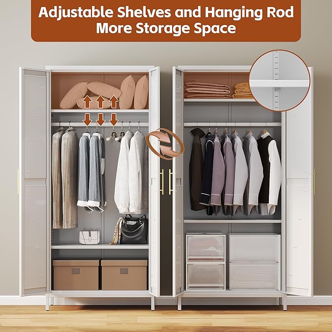 METAN Metal Wardrobe Closet with Doors, Farmhouse Armoire Wardrobe Closet for Bedroom,Assembly Required,White