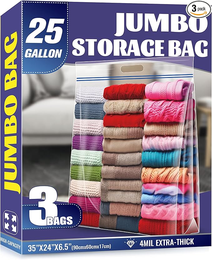 25 Gallon Jumbo Storage Bags, 35" x 24" Clear Plastic Zipper Bags with Handles, Extra Heavy Duty Large XL for Travel, Moving, Clothing, 3 Packs