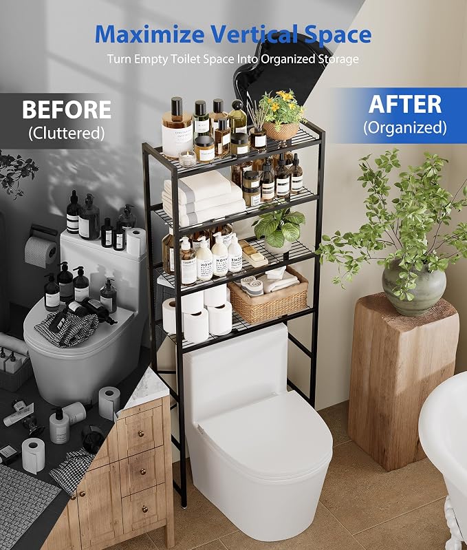 4-Tier Over The Toilet Storage Rack, Bathroom Organizer with One-Piece Metal Mesh Shelves, Over Toilet Shelf with Adjustable Feet & Anti-Tip Kit, Space-Saving Bathroom Storage, Black