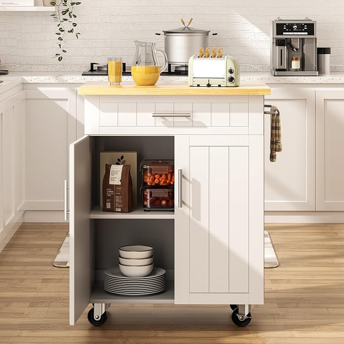 SUNLEI Rolling Kitchen Island Cart with Storage & Drawer – 26" Portable Kitchen Cart with Lockable Wheels, Towel Rack & Open Shelves for Kitchen, Dining Room, Living Room(White)
