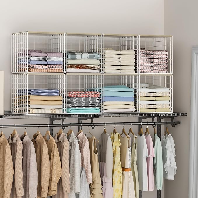 3PCS Stackable Closet Organizers and Storage, Closet Shelves with Wood Top Extra Storage, Clothes Storage Organizer Basket Bin/Cube for Home Wardrobe Organization(White-Sturdy Metal) Patent Pending