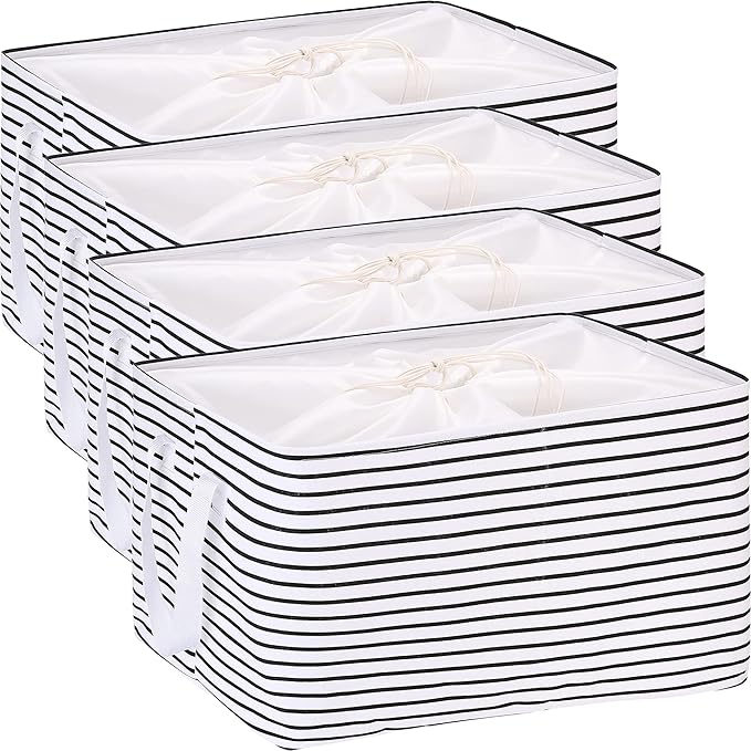 Hinwo 102L XXL Storage Bins, 4-Pack Closet Organizers and Storage, Foldable Clothes Storage Baskets with Handles, Containers for Clothing, Blanket, Comforters, Toys, Bedding (Black Stripe)